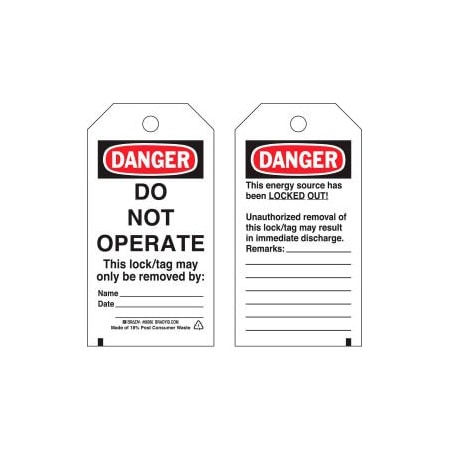 Brady Brady Lockout Tag- Danger Do Not Operate, 2 Sided, Cardstock, 25/Pack 65407